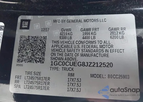 2018 Chevrolet Silverado 2500Hd Wt из США, поврежденный, VIN 1GC0CUEG8JZ212520